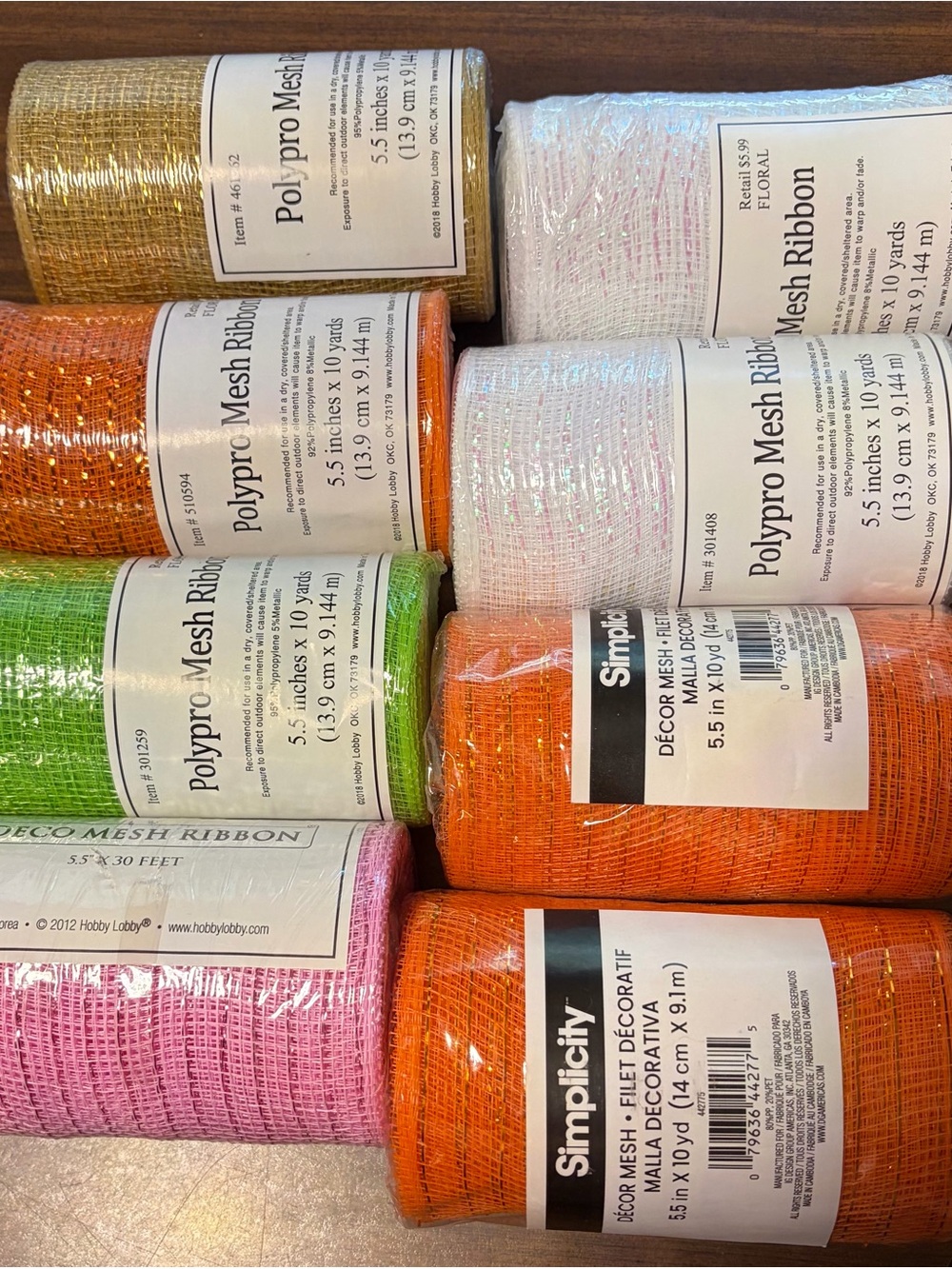 Hobby Lobby Polypro Mesh Ribbon Assortment in Gold, Orange, Green, Pink, White